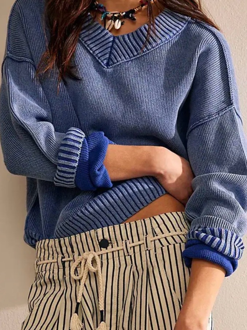 Free People High Street Pullover in Washed Blue V-Neck Sweater 100% Cotton